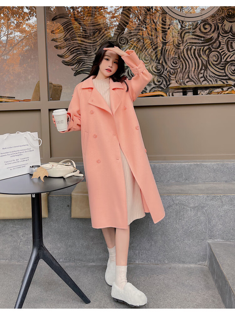 拉夏贝尔毛呢大衣女专柜橘粉色双面羊绒大衣女中长款2021年新款高端