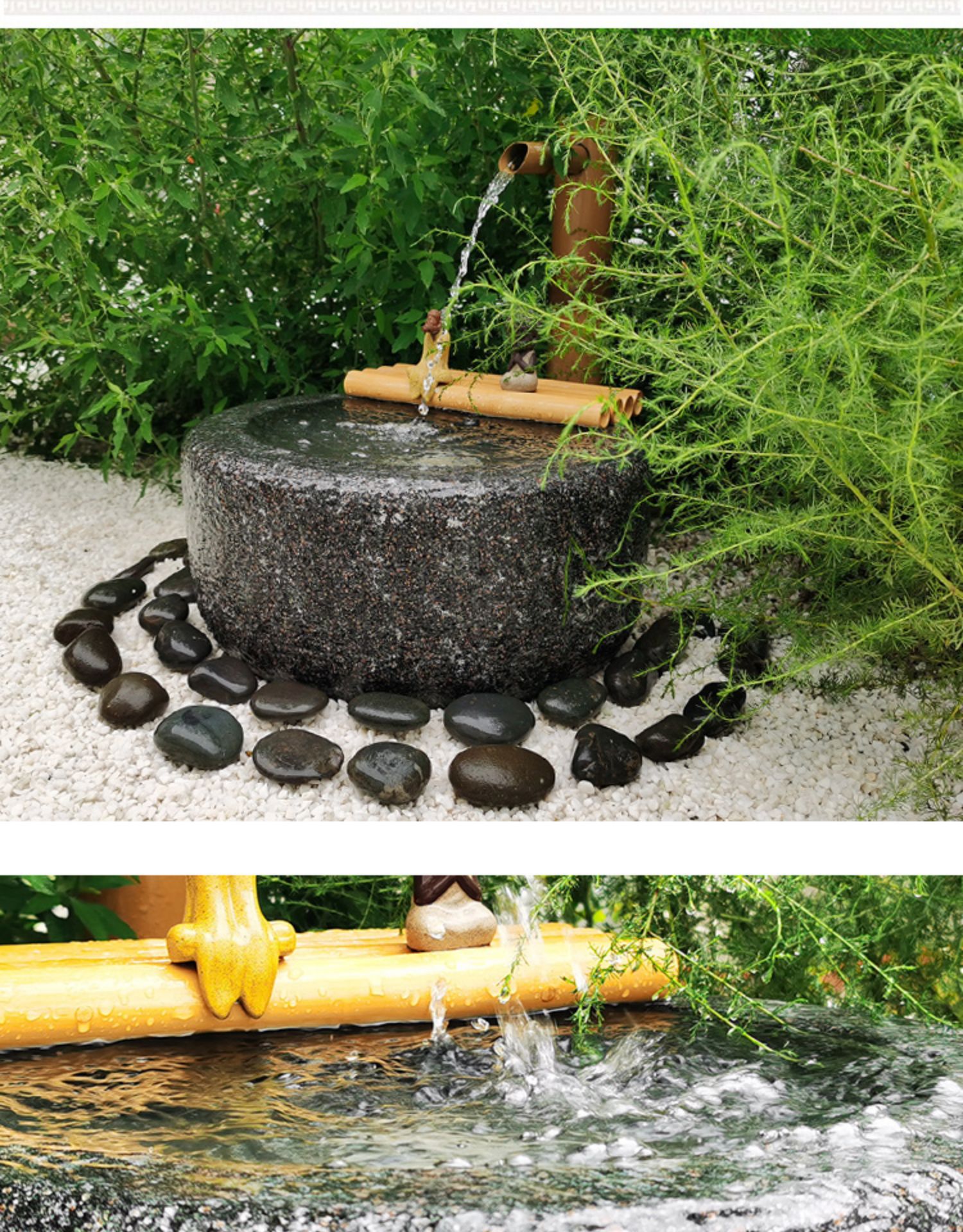 钵庭院禅意水景枯山水花园惊鹿器石盆户外石缸流水石头水钵 盆丰钵满