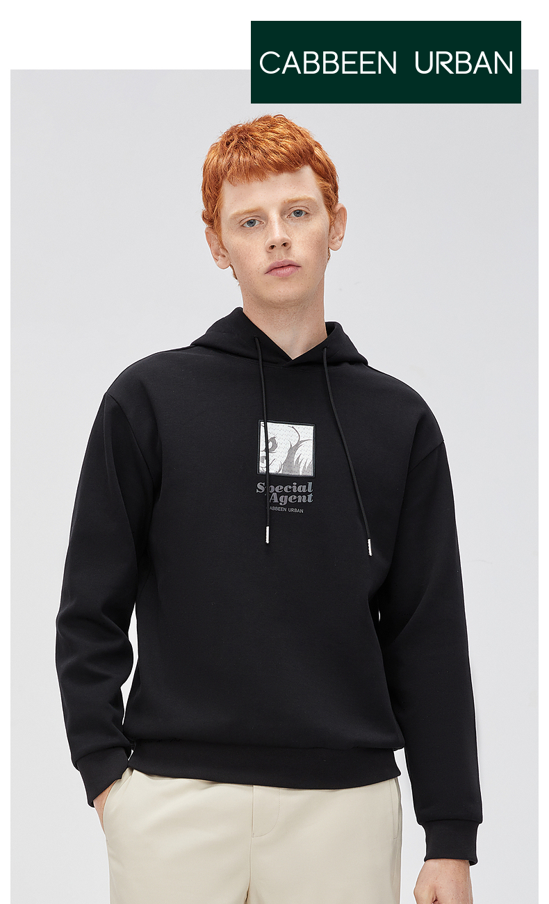 cabbeenurban卡宾都市男装休闲白色连帽卫衣印花包边绣潮h衣多穿煤