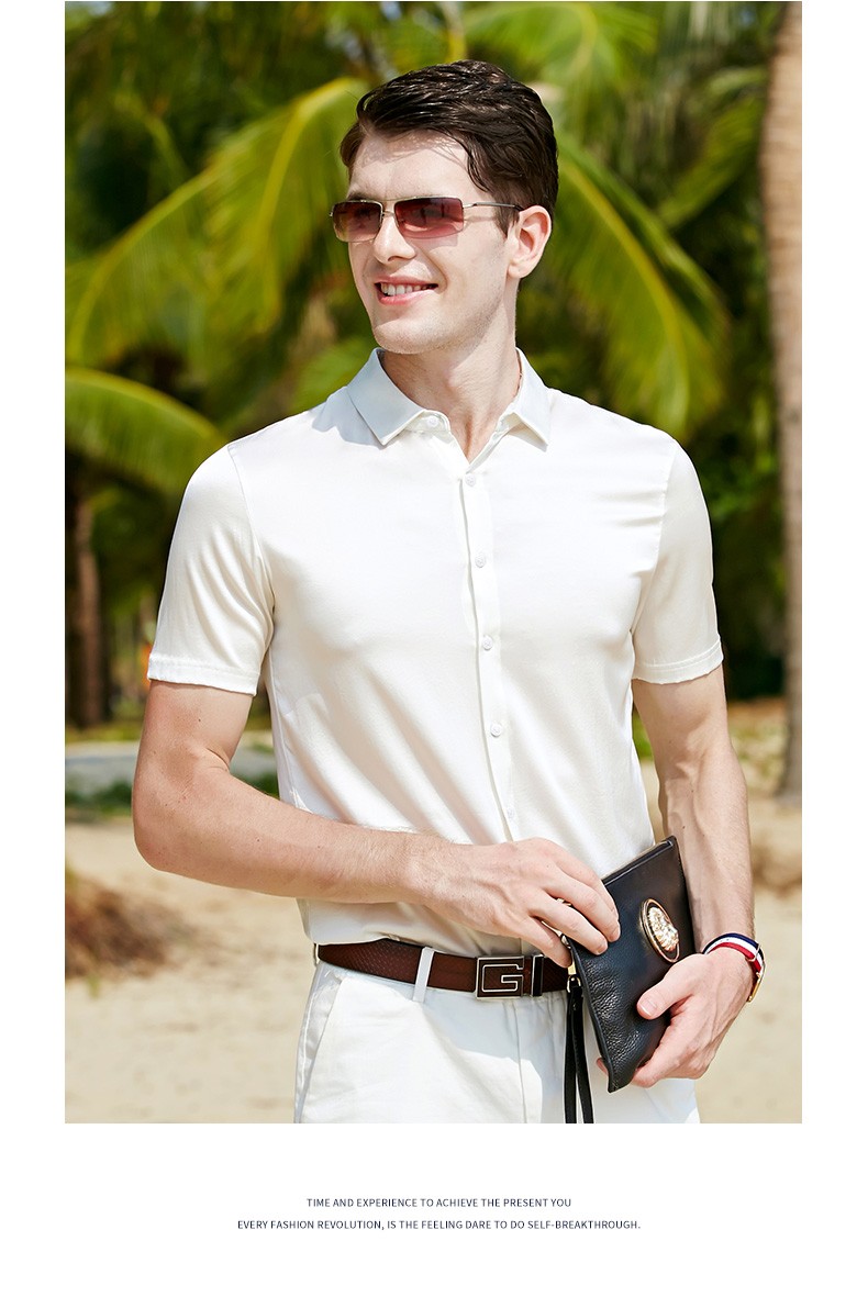 蓝威龙真丝衬衫男短袖方领商务休闲纯色桑蚕丝衬衣时尚冰感丝滑透气