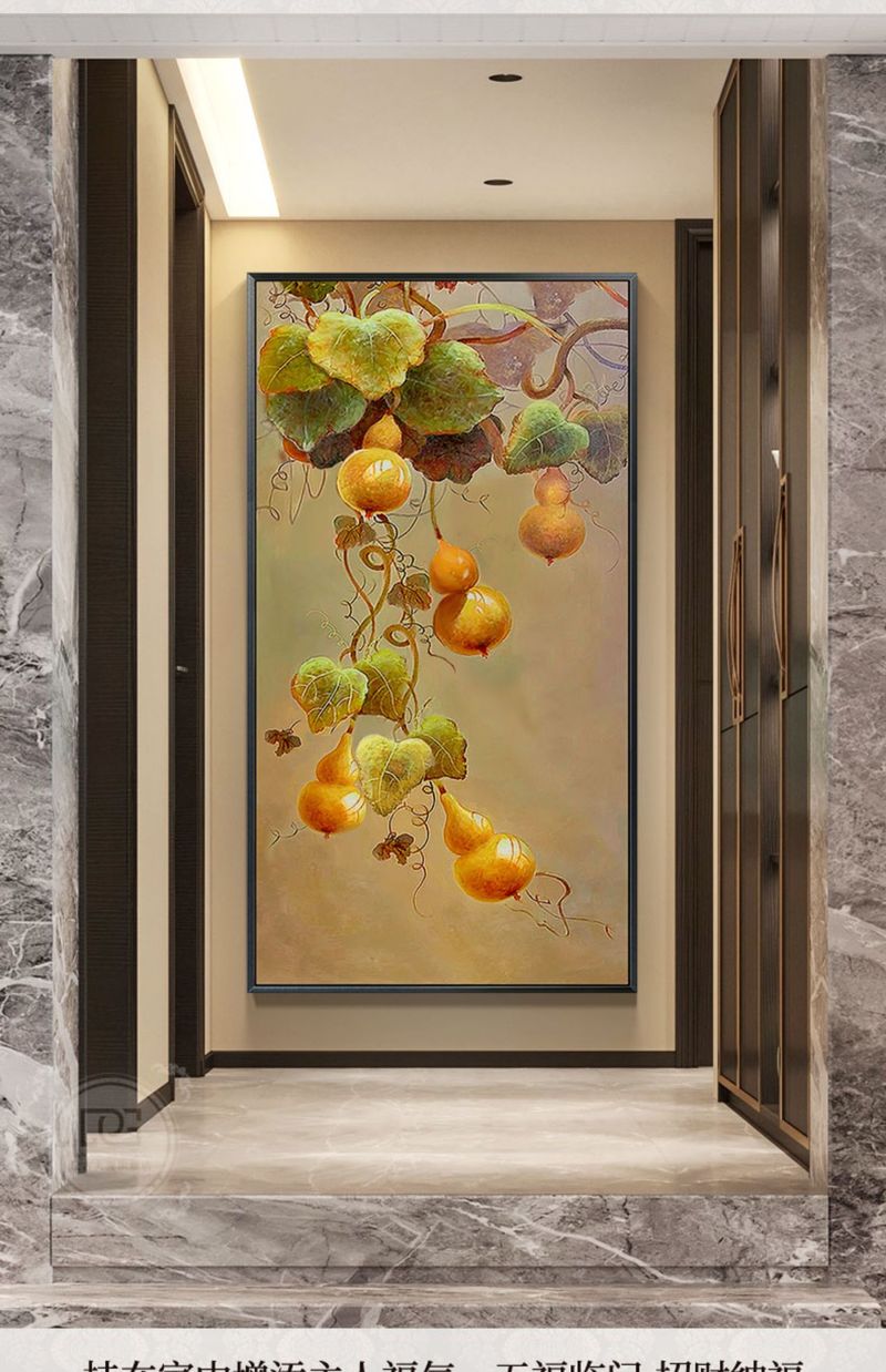新中式纯手绘油画入户玄关客厅葫芦五福临门大芬村竖版挂画装饰画 70*