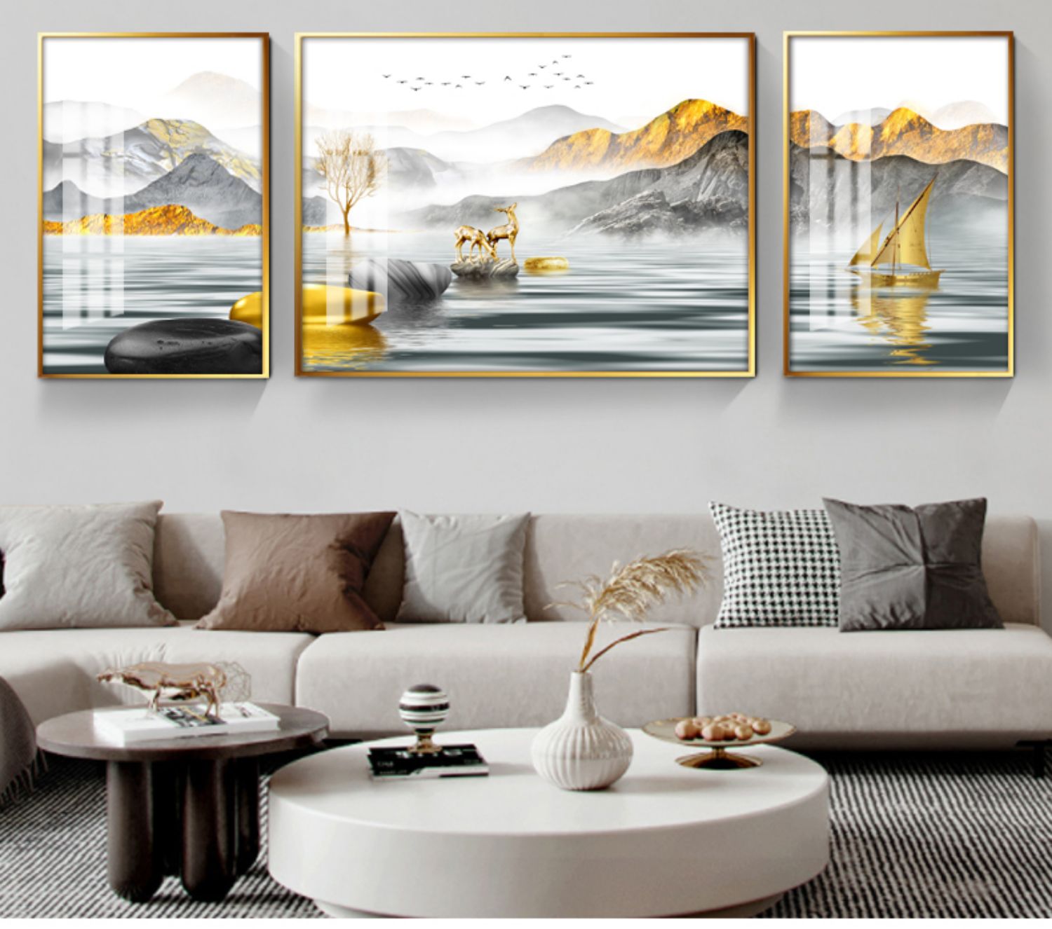 晶瓷镶钻客厅装饰画沙发背景墙三联画北欧大气挂画麋鹿晶瓷画壁画 25*