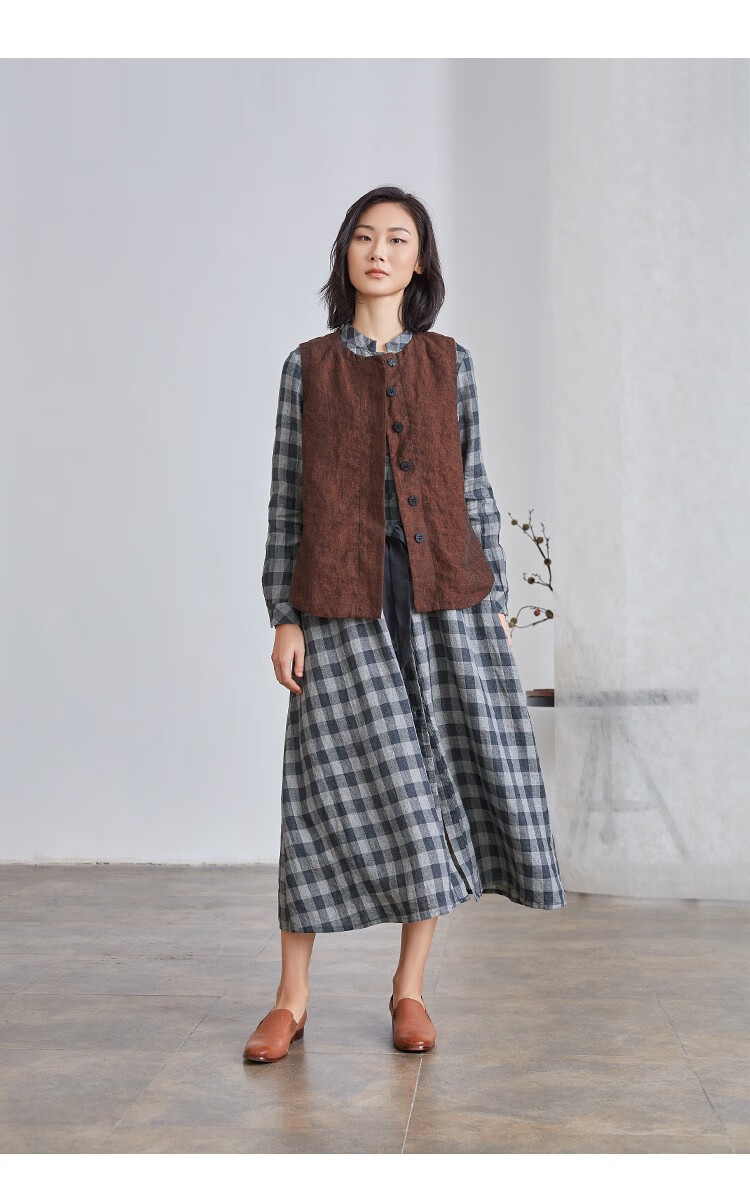 qtu女装立领抽绳收腰显瘦亚麻色织格纹长袖连衣裙2021新春lq2769灰蓝