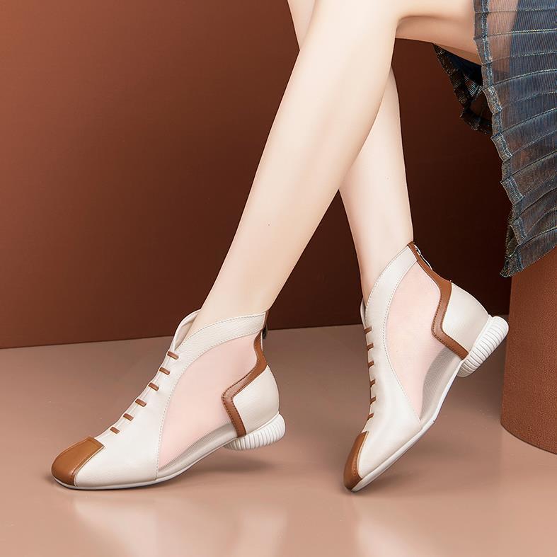 2021夏新款包头凉鞋女粗跟镂空网靴低跟软皮凉靴罗马网纱中跟女鞋吉诺