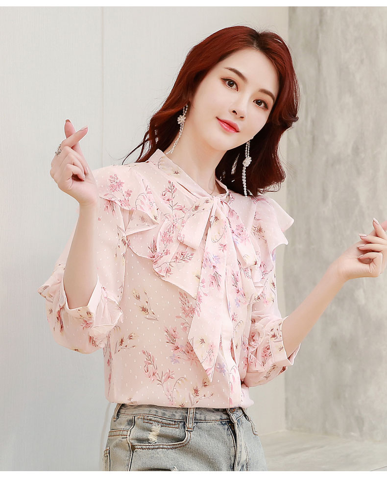 南极人轻奢女装七分袖碎花雪纺衬衫女21年新款春夏季时尚洋气小衫蝴蝶