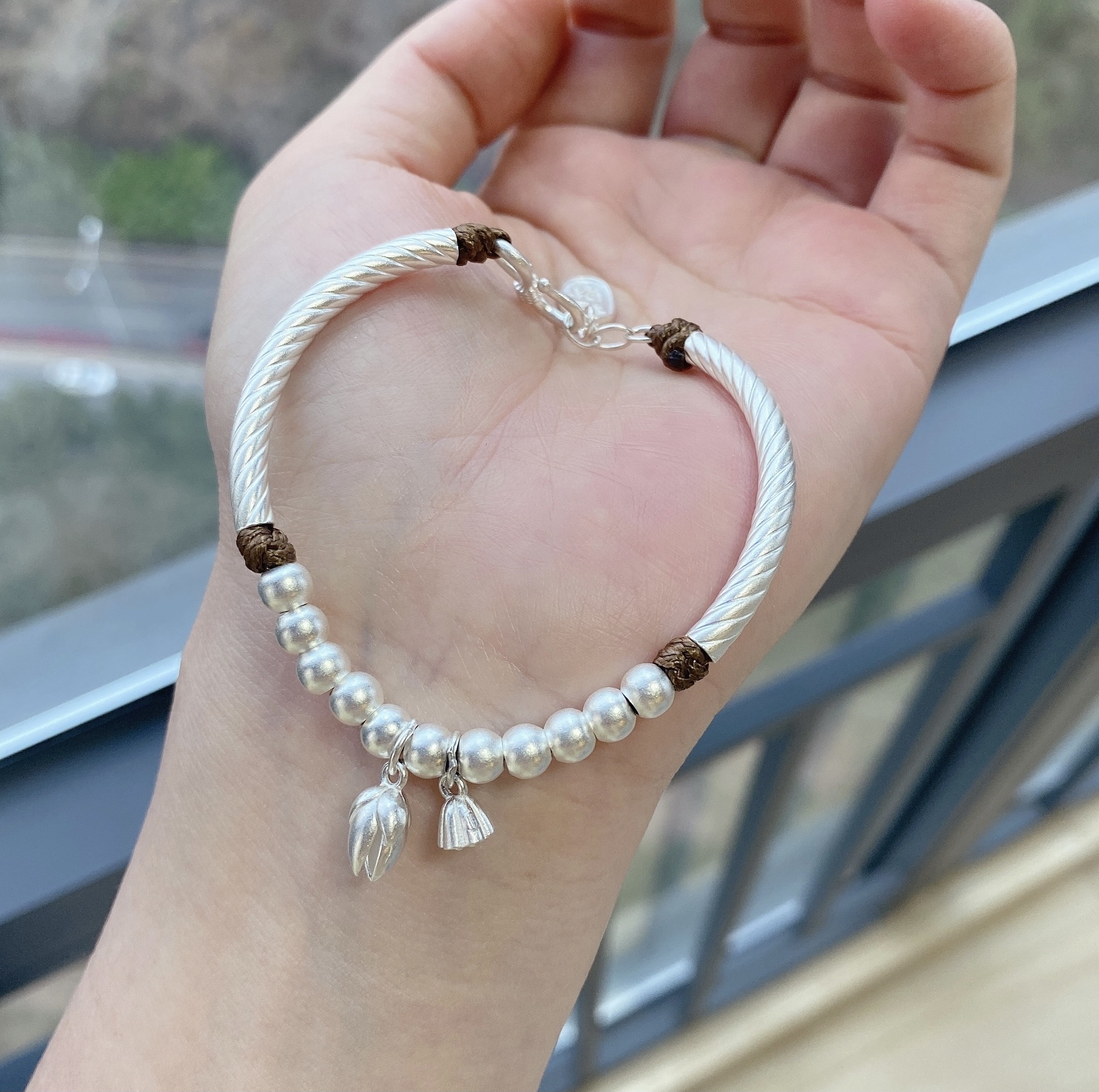 s999足银复古两世欢古法银手链莲花莲蓬手链女珠手饰年轻款送闺蜜礼物