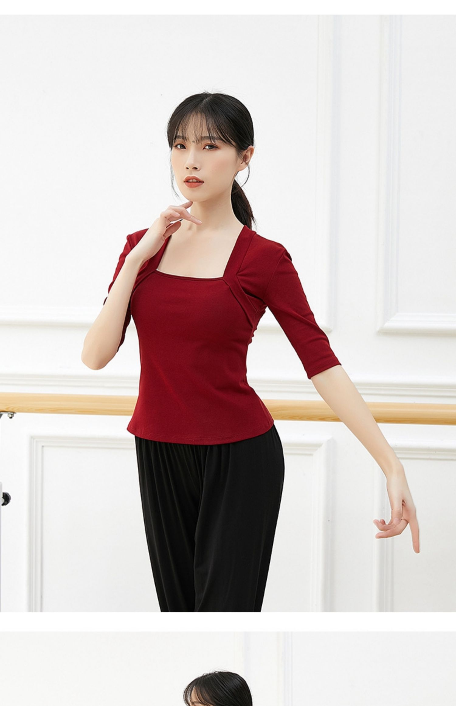 现代舞服装舞蹈练功服女纯棉芭蕾舞教师形体服拉丁舞训练上衣红同酒红