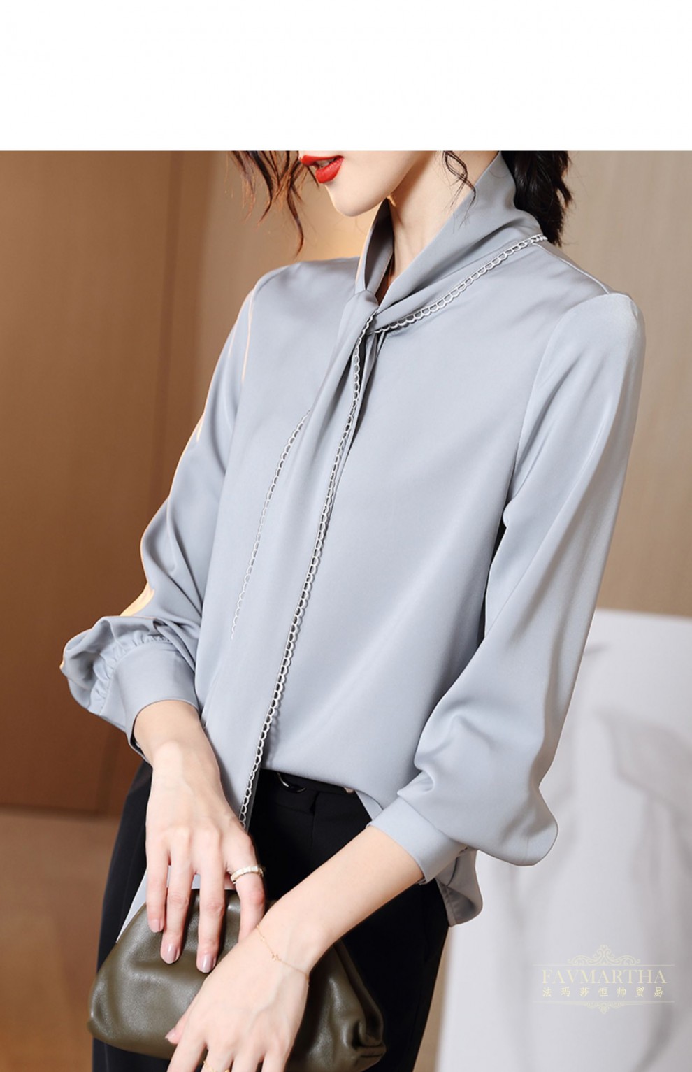 法玛莎品牌雪纺长袖飘带衬衫女2021春季新款韩版薄款透气洋气设计感