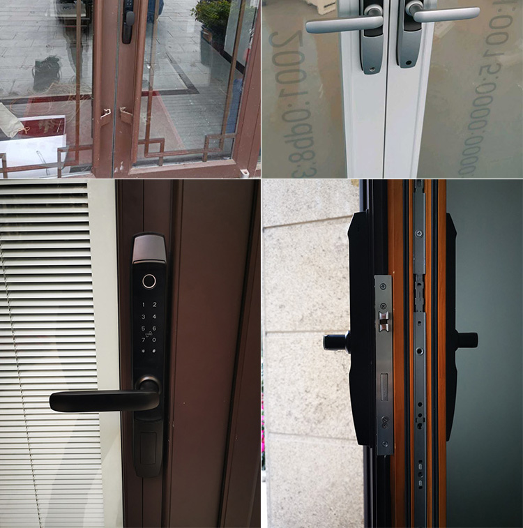 断桥铝指纹锁窄边框玻璃门锁铝合金推拉平移门app远程联网智能锁 曜石