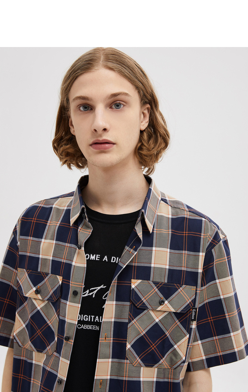 卡宾都市男装休闲短袖衬衫撞色苏格兰格纹潮流宽松 h 卡其色35 46/165