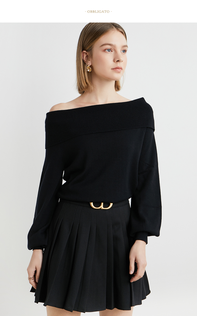 obbligato奥丽嘉朵春季新款黑色一字领宽松羊腿袖绵羊毛上衣女黑色s36
