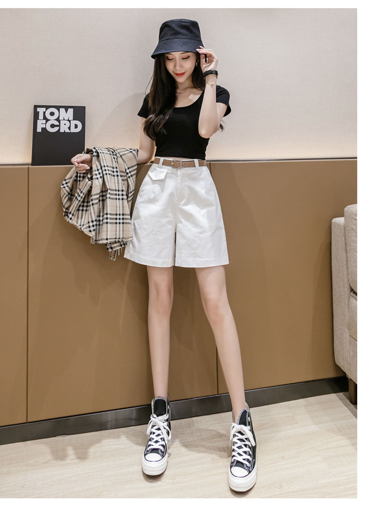 果愉阔腿短裤女春夏高腰宽松外穿薄款简约白色五分裤直筒港味显瘦