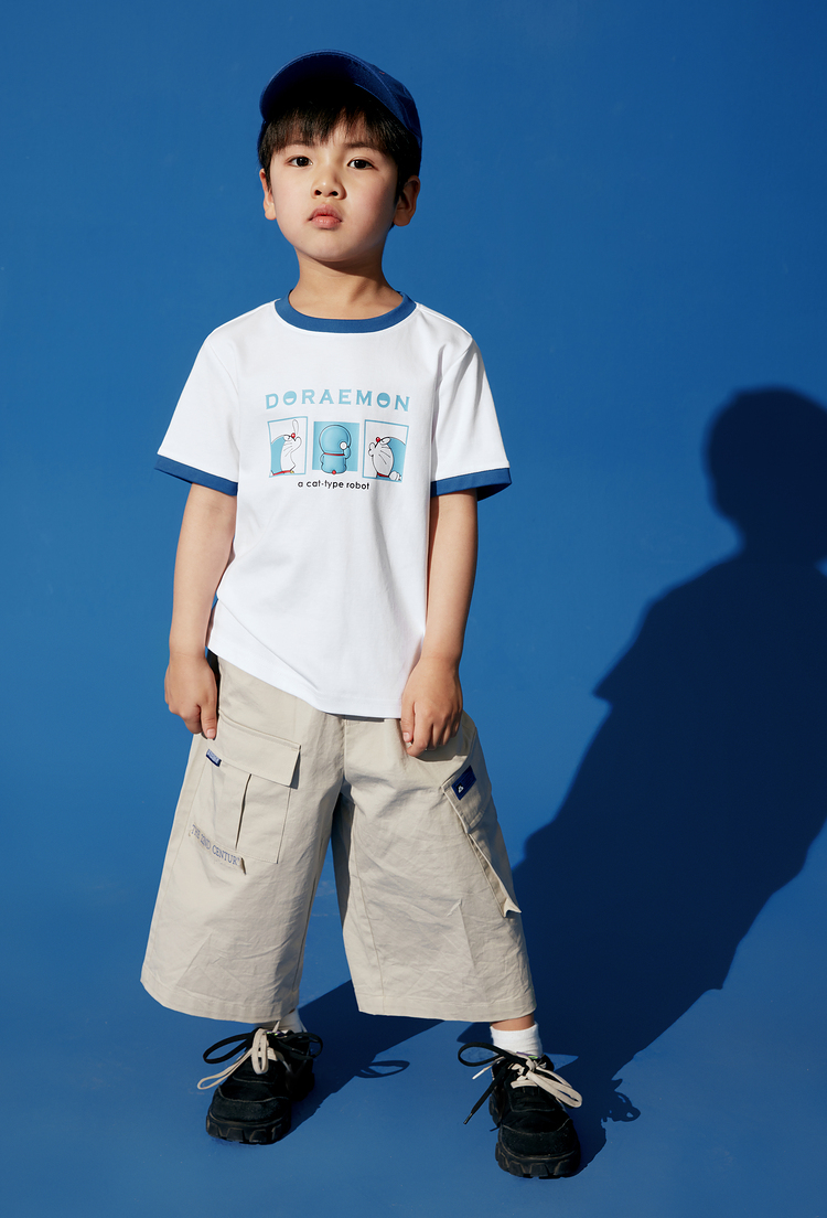 hla海澜之家撞色领边短袖t恤2021夏季新品哆啦a梦印花短t童装hntkj2d