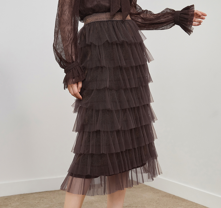 红袖千层网纱裙秋季新款女装松紧要半身别致蛋糕长裙浓郁可可041l