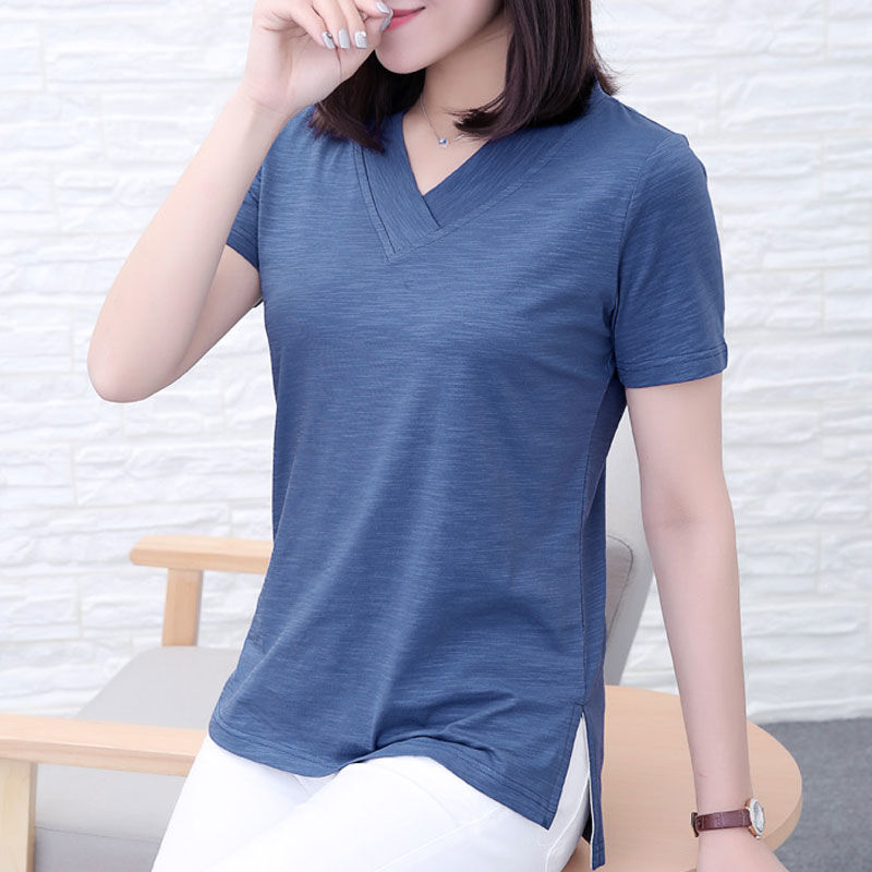 半袖夏季女装半截袖女 夏季新款短袖女开叉纯色棉t恤大码百搭女士上衣