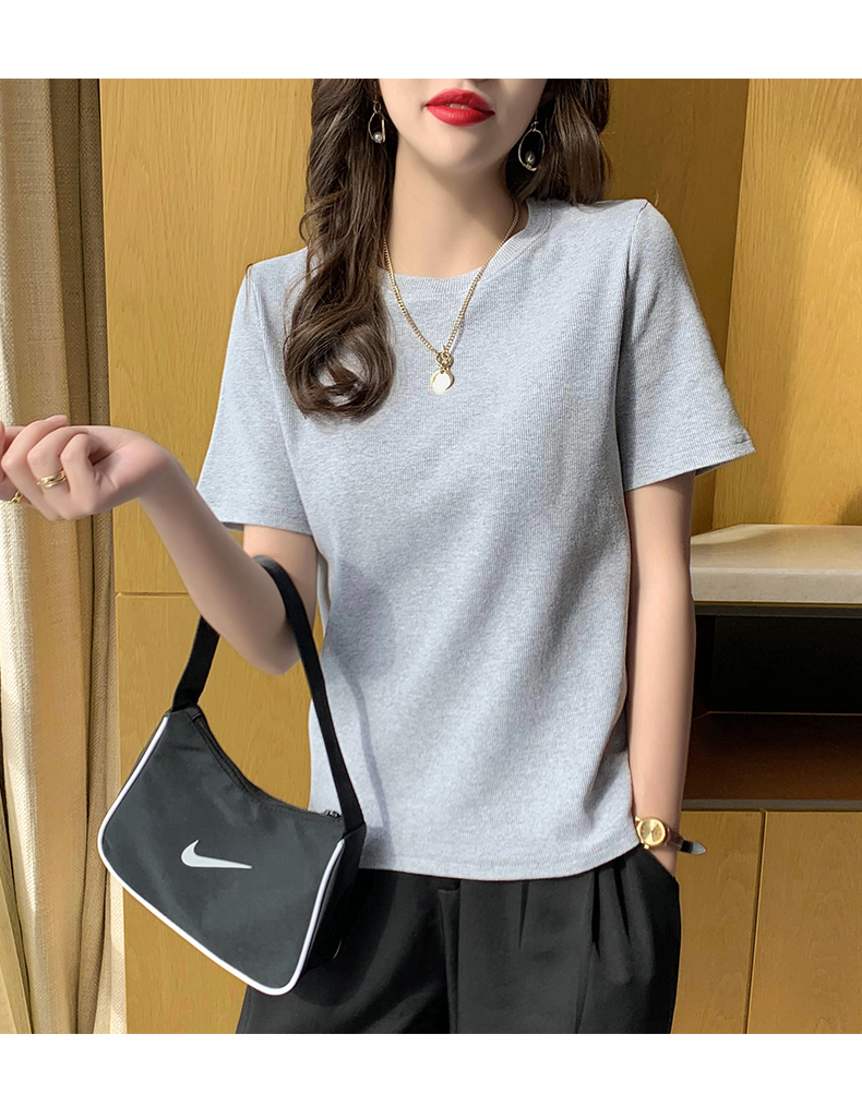 恒源祥21年冰丝短袖t恤女纯色t恤女夏装修身年新款螺纹针织衫百搭短款