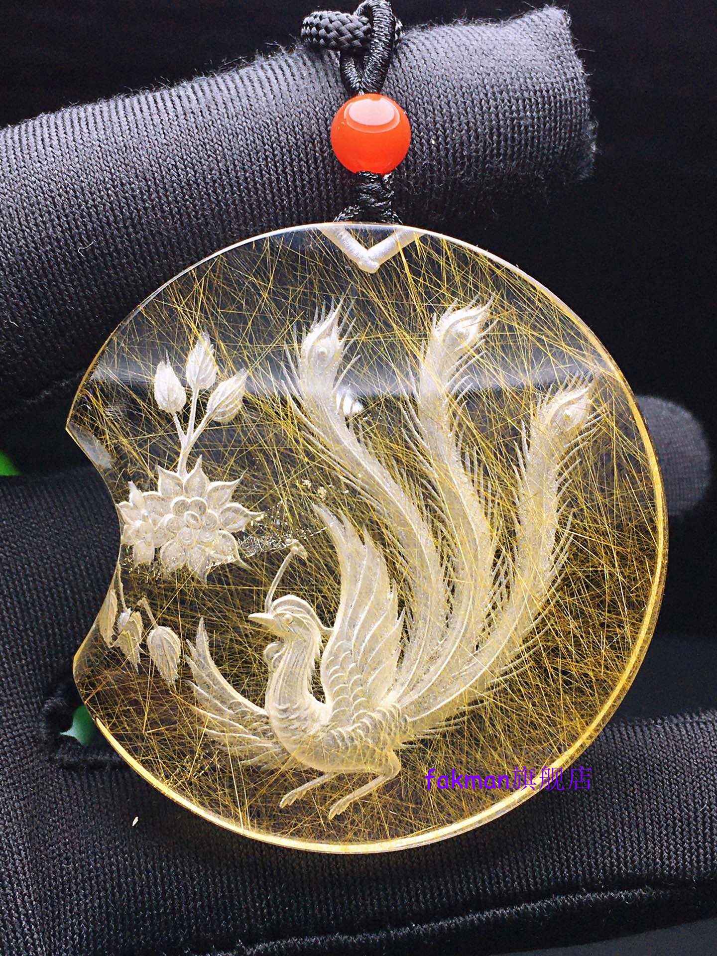 老鳯祥云同款天然彩绿幽灵金发晶黄红胶花黄兔毛白水晶内雕凤凰吊坠