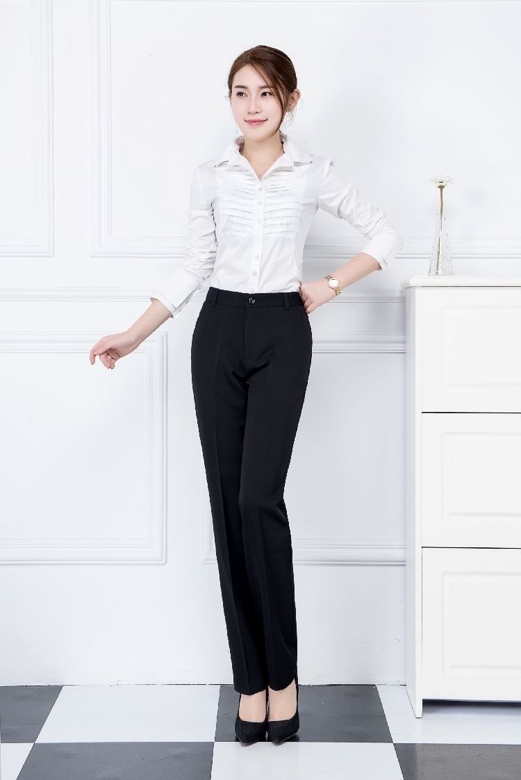 新款弹力职业长裤显瘦工作裤工作服工装直筒西裤女黑色高腰-b 黑色