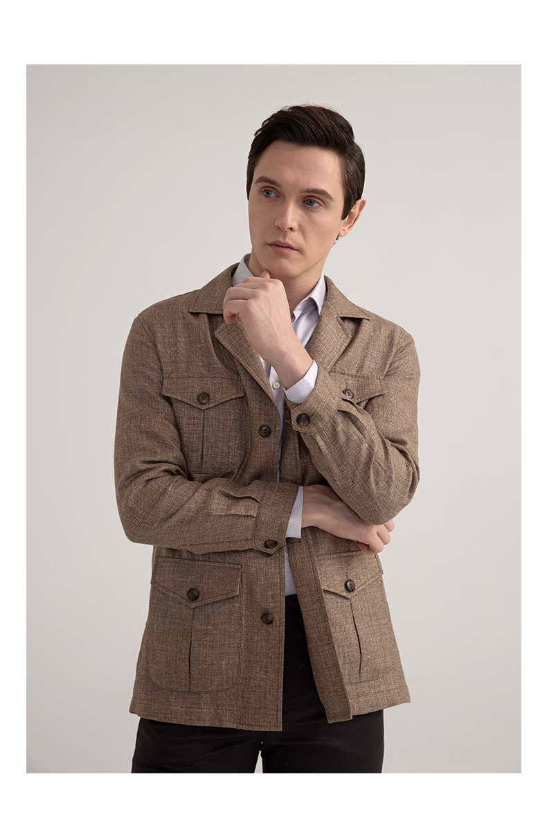 商场同款培罗蒙baromon春季新品猎装亚麻男夹克男士休闲薄外套卡其色