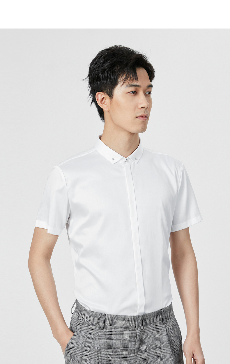 利郎短袖衬衫男士2021夏季新款纯棉定位扣休闲商务修身衬衣 白(q0xz