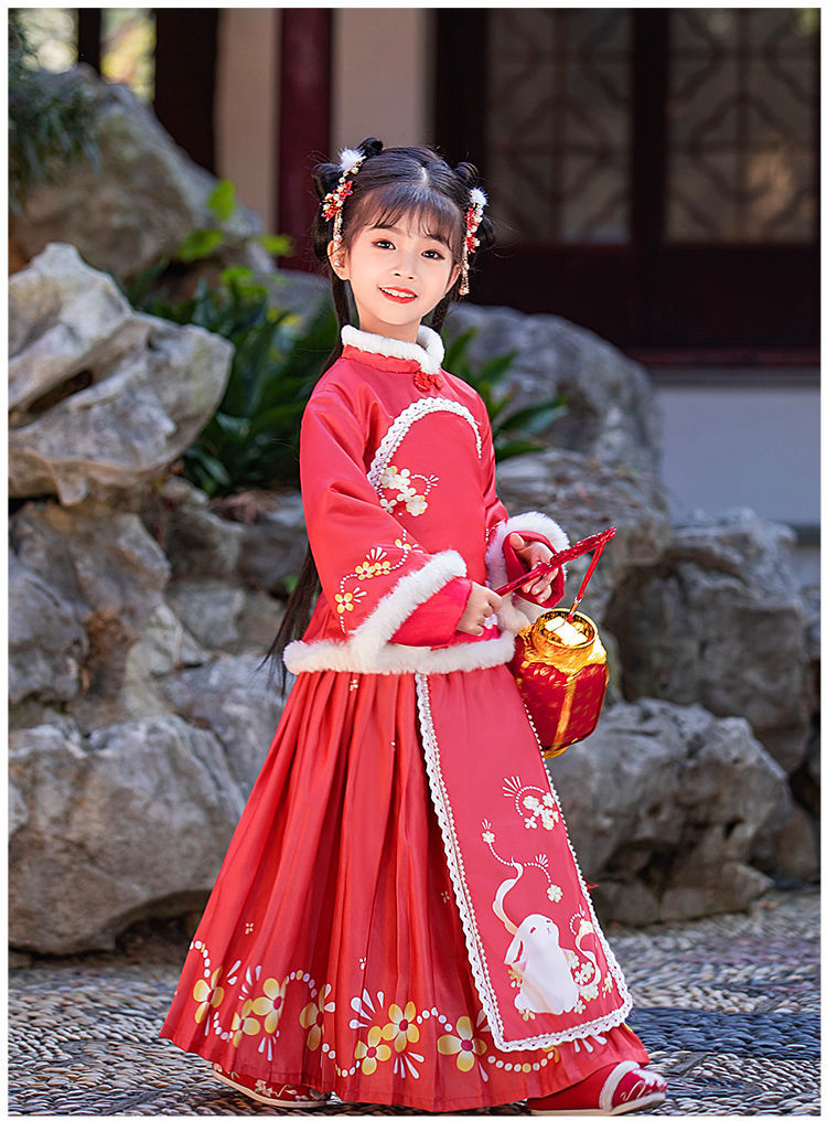 小孩小女孩子民族服装秋冬天唐装古风女装拜年服冬装中拜年服红色头饰