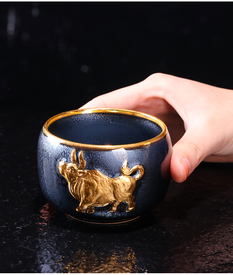 手工品茗杯生肖牛茶杯牛年礼品高档鎏金功夫茶杯牛转乾坤鎏金龙凤呈祥