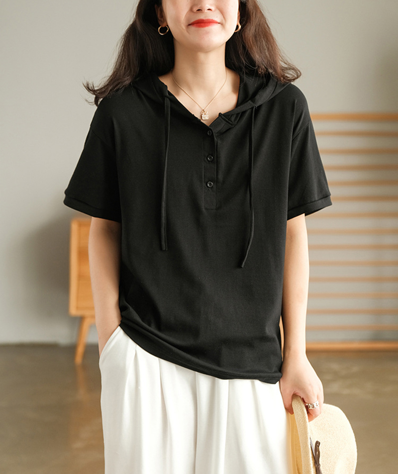 如素慢衣针织棉连帽t恤女夏简约宽松显瘦减龄短袖上衣w26689粉色均码