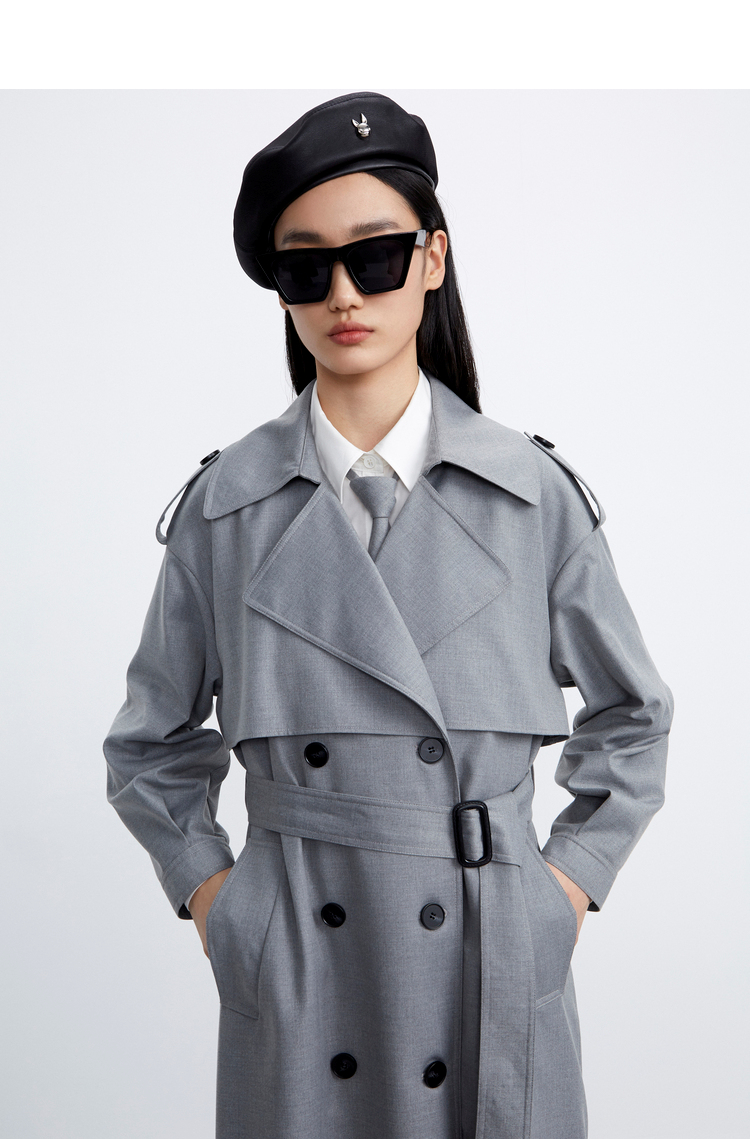 rococo2021春季新款灰色气质经典英伦双排扣通勤中长款风衣外套女