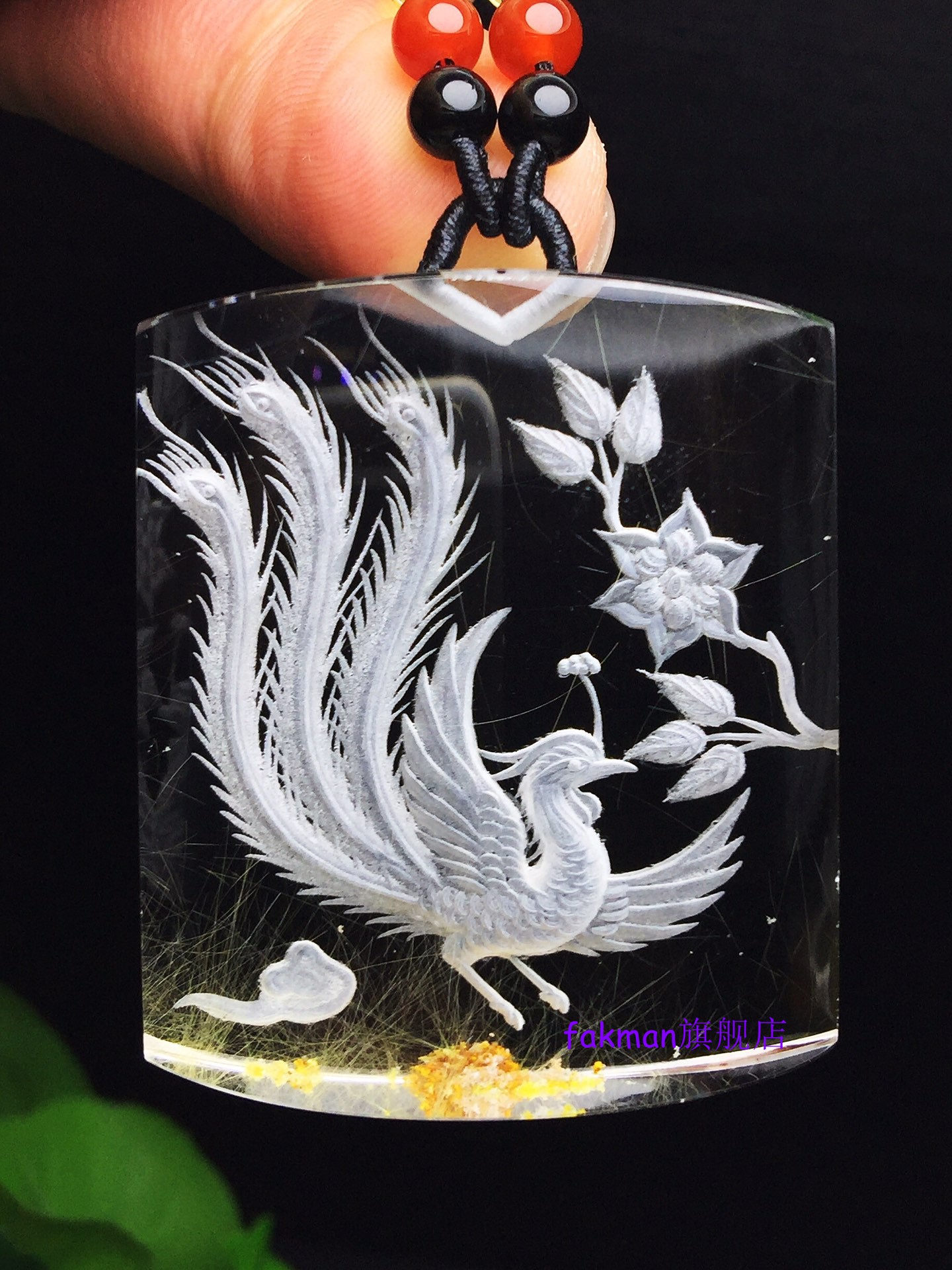 老品牌凤祥云款天然彩绿幽灵金发晶黄红胶花黄兔毛白水晶内雕凤凰吊坠