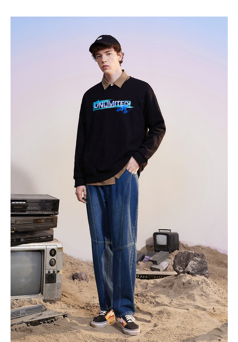 ecko犀牛潮牌2020冬装新款宽松舒适牛仔裤明线拼接休闲帅气长裤男