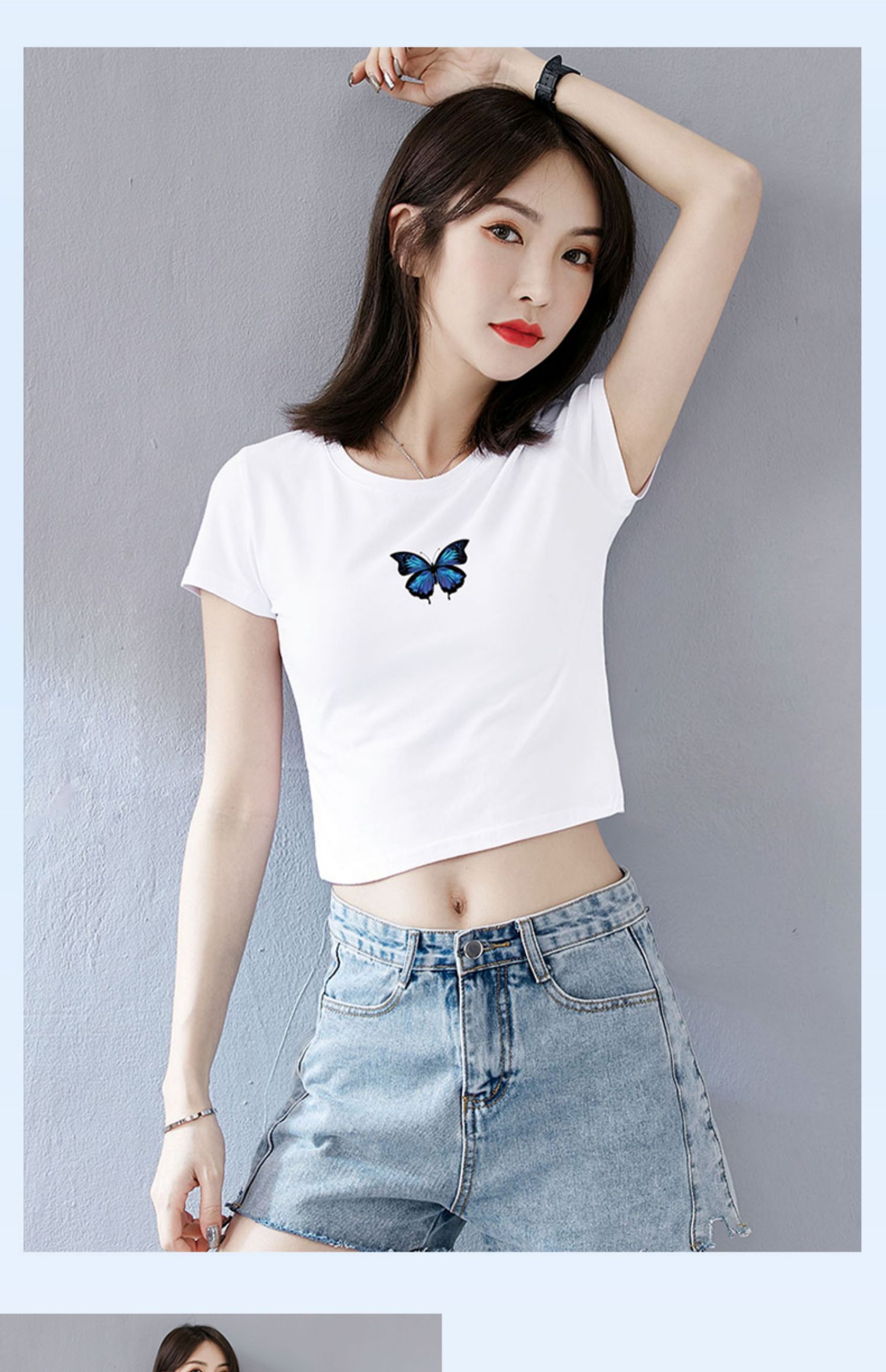 露脐超短款上衣女夏配高腰裤紧身白色t恤短袖心机设计