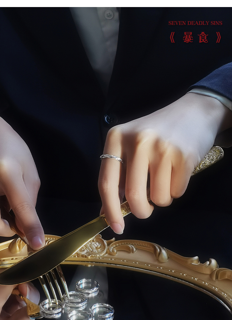 男士复古冷淡风男生潮流个性男款单身925银七宗罪戒指黑色开口可调节