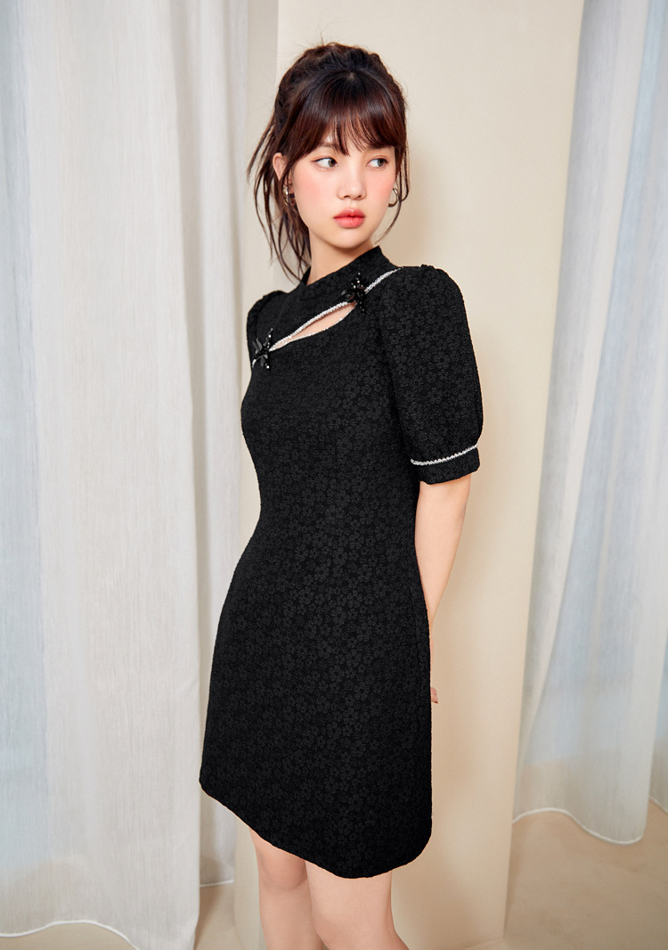 【新品】乐町气质连衣裙2021早春少女国风镂空旗袍连衣裙小黑裙 黑色