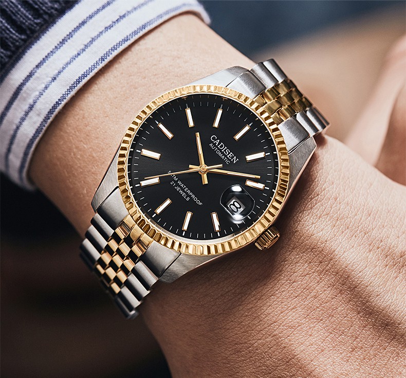 cadisen全自动机械男士腕表商务日历防水夜光时尚男款手表 间金壳金面