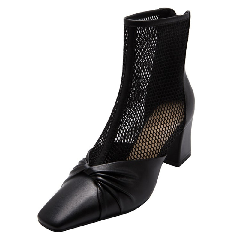 真皮高跟网靴女2022春夏新款透气镂空网纱短靴法式简约白色方头粗跟凉
