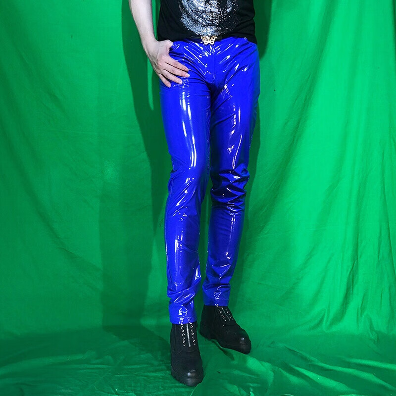 蓝色妖姬皮裤春夏镜面紧身弹力漆皮裤性感夜店男装ds演出服反光亮pu裤