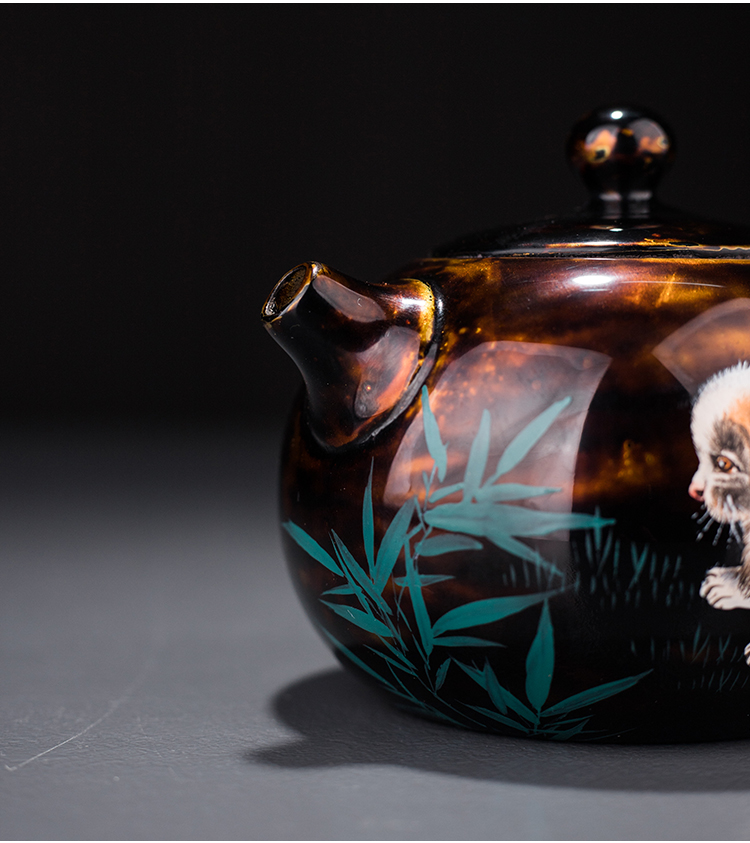 吾和漆器茶具名家手作连宏达手工犀皮建盏壶大漆中式家用泡茶壶黑色狗