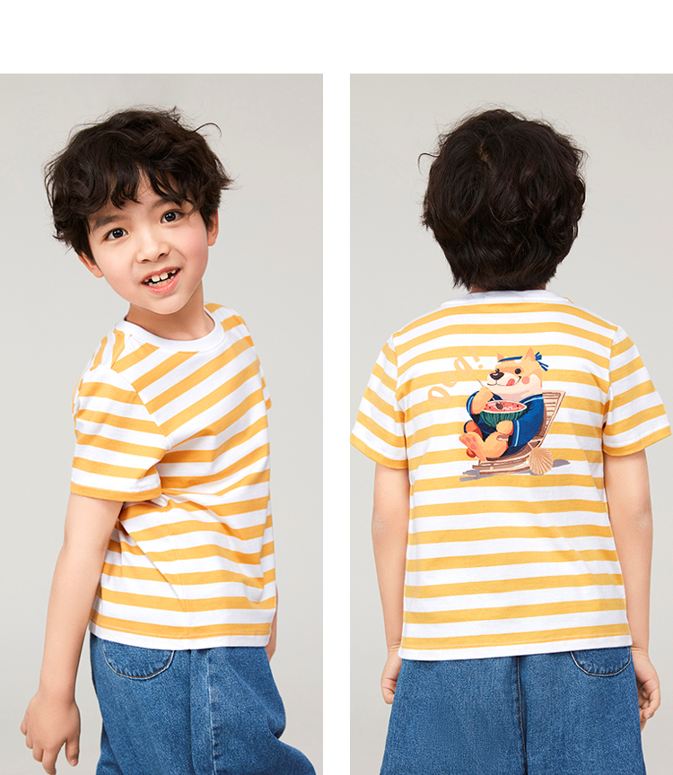 hla海澜之家新疆棉条纹短袖t恤2021夏季狗狗印花上衣儿童款hntkj2d046