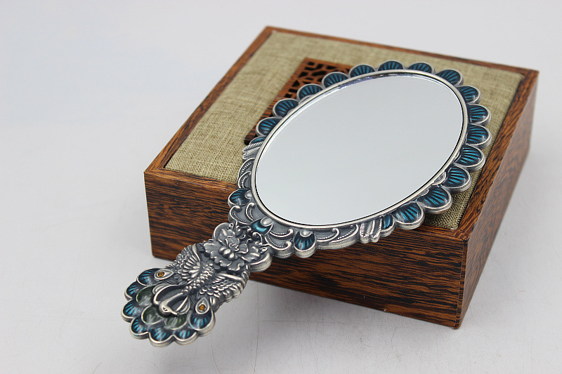 足银镜子s999足银浮雕孔雀化妆镜泰银浮雕复古做旧仿古足银化妆镜孔雀