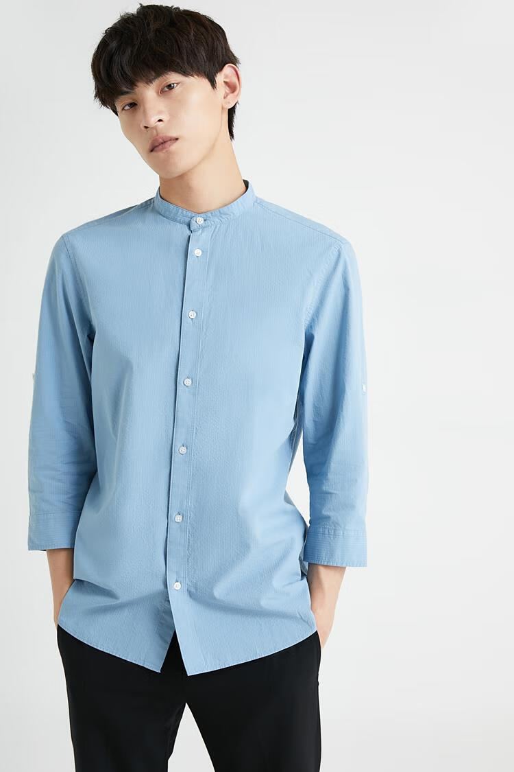 jackjones杰克琼斯夏立领纯棉可调节袖袢七分袖休闲衬衫男220331013