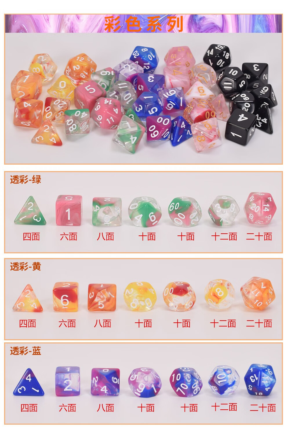 御撰多面数字骰子7粒1套装多种葱色骰子龙与地下城桌游跑团20面筛子