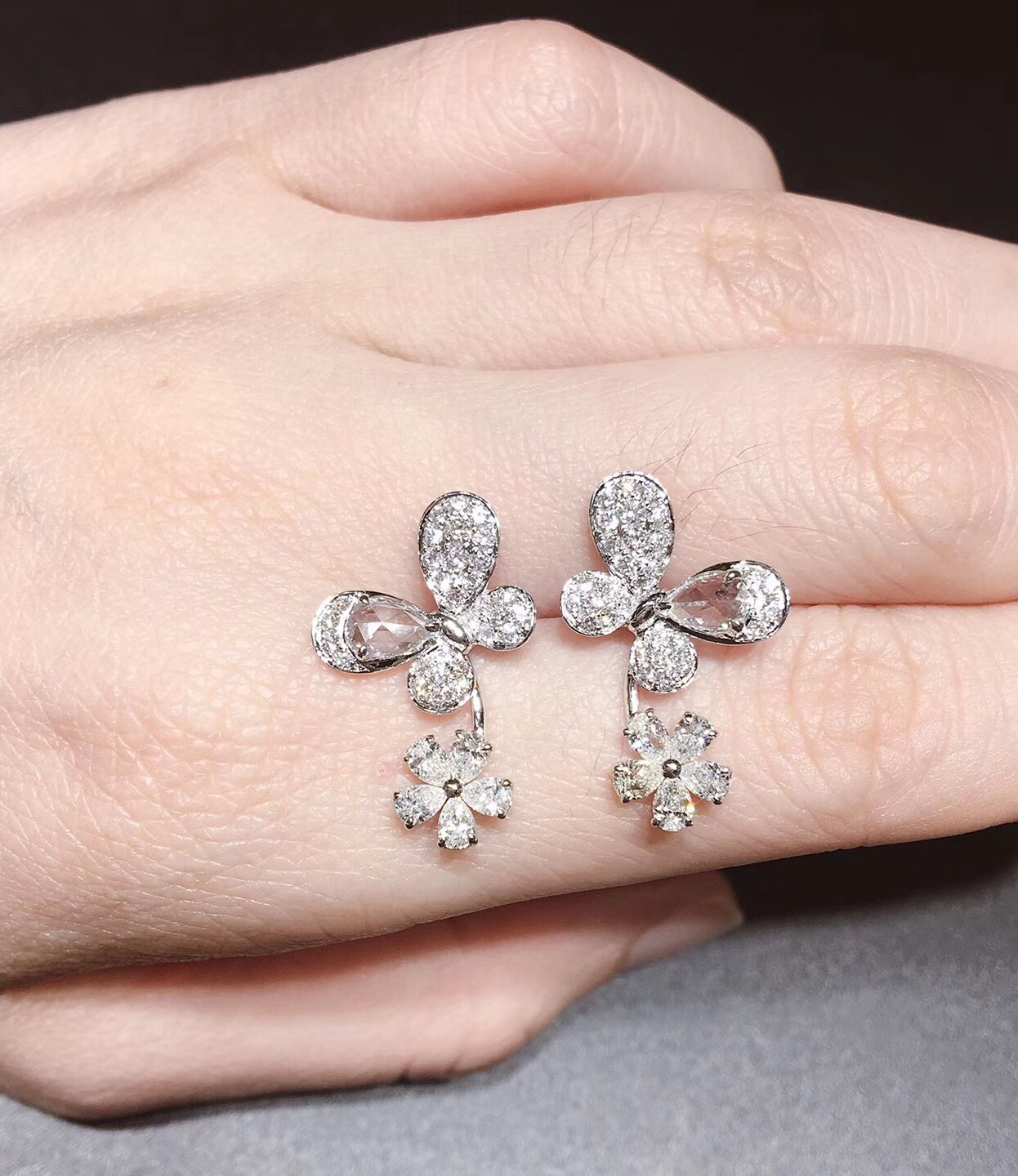 奥芙尼珠宝18k金钻石蝴蝶耳钉 玫瑰切工钻石蝴蝶耳环女士耳饰 玫