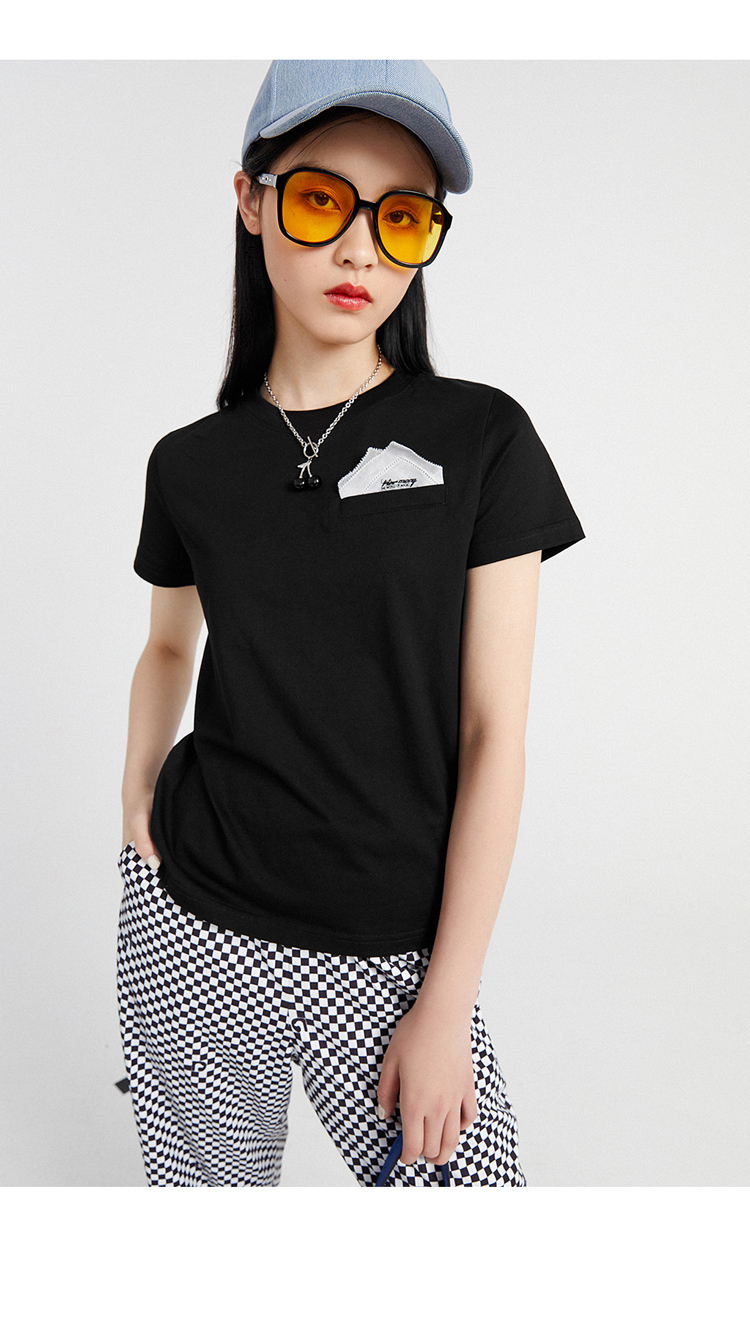 太平鸟白色短袖t恤女纯棉2021春夏装新款基础多色半袖宽松打底衫 黑色