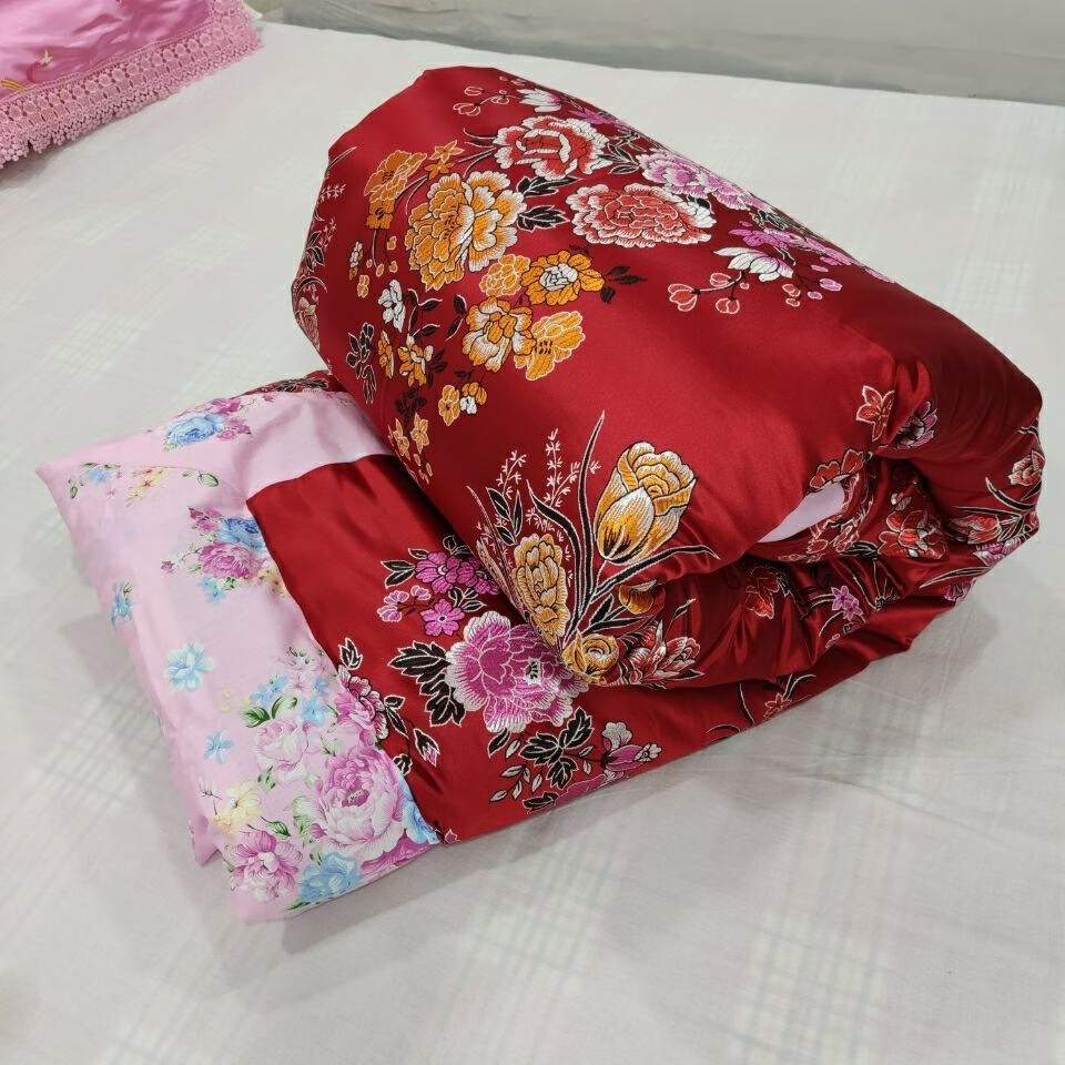 老式丝绸被子 红被子结婚喜被棉花被老式包边丝绸绸缎传统龙凤乡村
