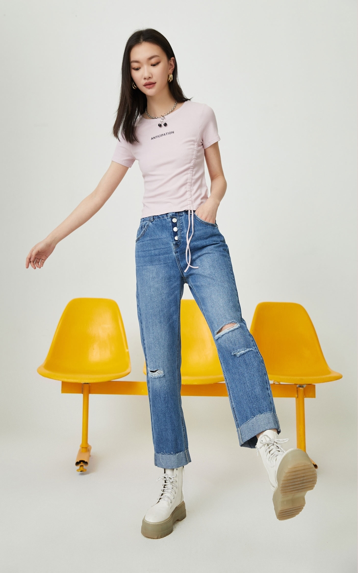 vero moda2021春夏新款炸街女团翻边九分牛仔裤321149046 j3b特深牛仔