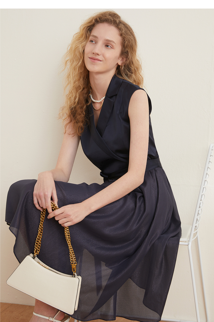 yiner音儿商场同款女装夏季新款西装领收腰无袖连衣裙藏蓝36