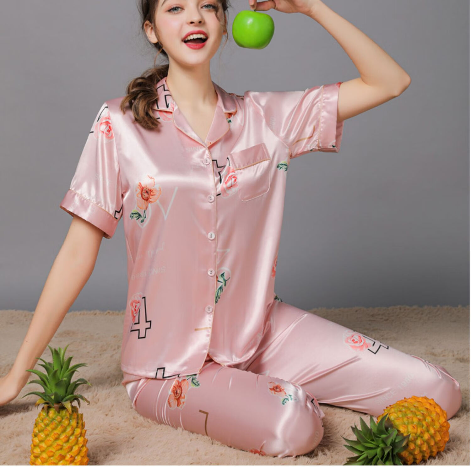 浪莎langsha专柜睡衣女含真丝短袖长裤两件套含桑蚕丝夏季印花薄款