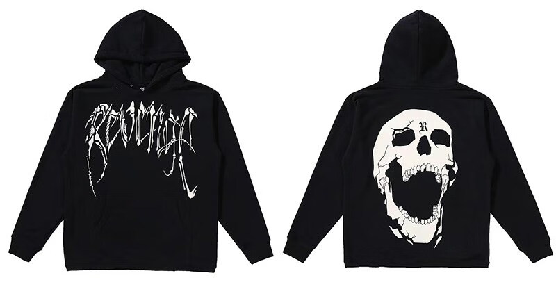 潮牌revenge卫衣龙骨烟雾情侣骷髅头美式男女宽松高街加绒连帽衫 黑白