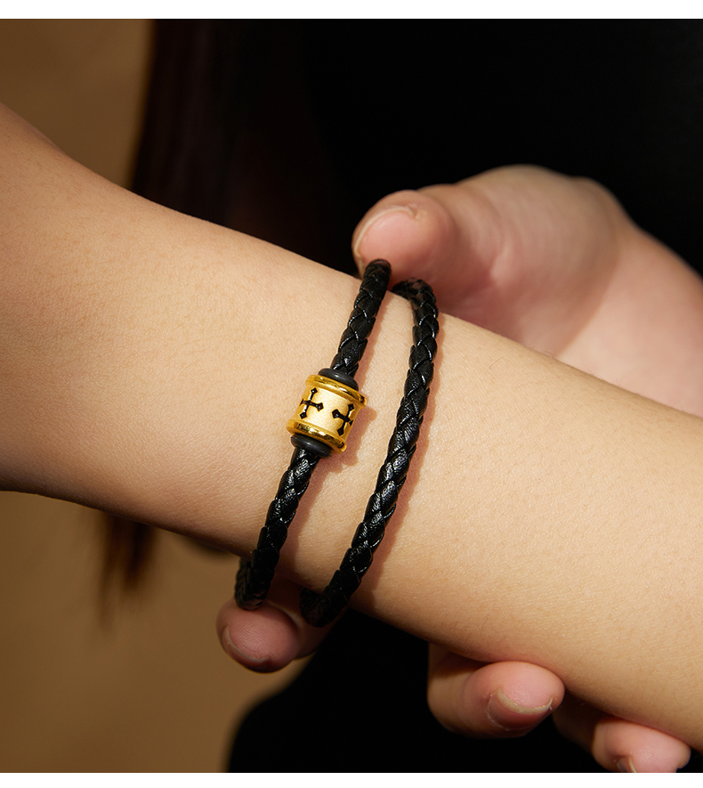 月斐珠宝黄金转运珠手链999足金刺青守护3d硬金路路通金珠吊坠皮绳