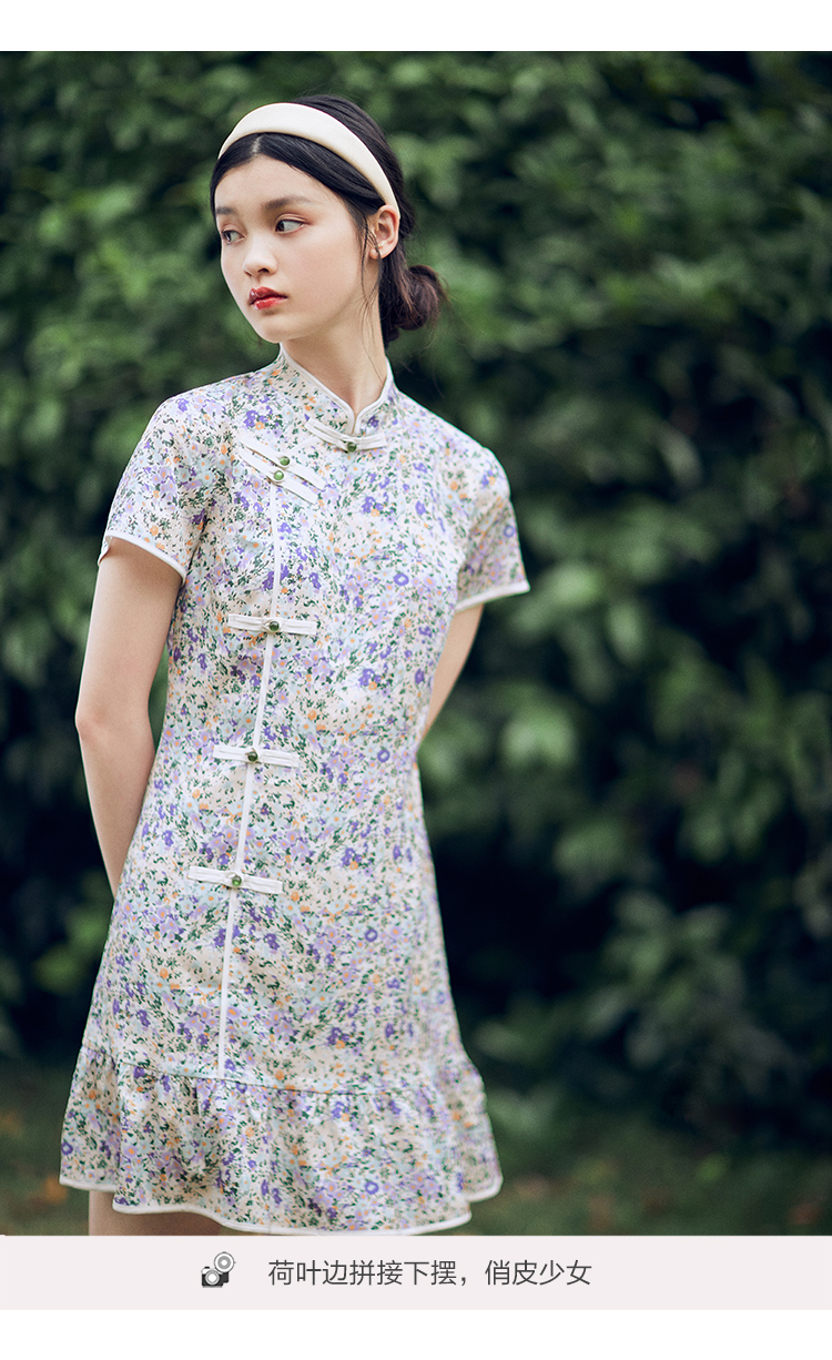 旗袍连衣裙女2020夏季新款碎口收腰修身现代版旗袍 黄色碎花(现货) m